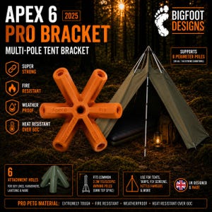 May include: An orange Apex 6 Pro Bracket, a multi-pole tent bracket, is displayed with a tent in the background. The bracket has six attachment holes and is made of Pro PETG material. The bracket is fire resistant, weather proof, and heat resistant over 60C.