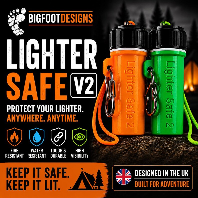 May include: Orange and green Lighter Safe V2 cases with black tops and silver carabiner clips. The cases have the text "Lighter Safe 2" printed on them. The image also includes the text "Protect your lighter. Anywhere. Anytime."