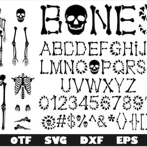 Könnte beinhalten: Schwarzweißes Grafikdesign eines Skeletts mit dem Wort "BONES" in großen Buchstaben. Das Alphabet, die Zahlen und Satzzeichen sind ebenfalls im Design enthalten, alle aus Knochenformen.
