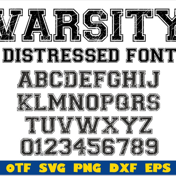 Varsity Distressed Font otf | svg | png | Sport distressed font svg, College distressed font svg, College font Cricut, Distressed font svg