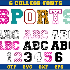 6 College Fonts Bundle | Sports font, College font, Polka Dot Font, Leopard font, Varsity font svg, Distressed Font, College Letters svg