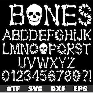 Peut inclure: Alphabet et chiffres blancs en forme d'os avec un motif de crâne. Les lettres sont formées de formes d'os et les chiffres sont formés de cercles de formes d'os. Le mot "BONE" est en haut de l'image avec un motif de crâne dans le "O".