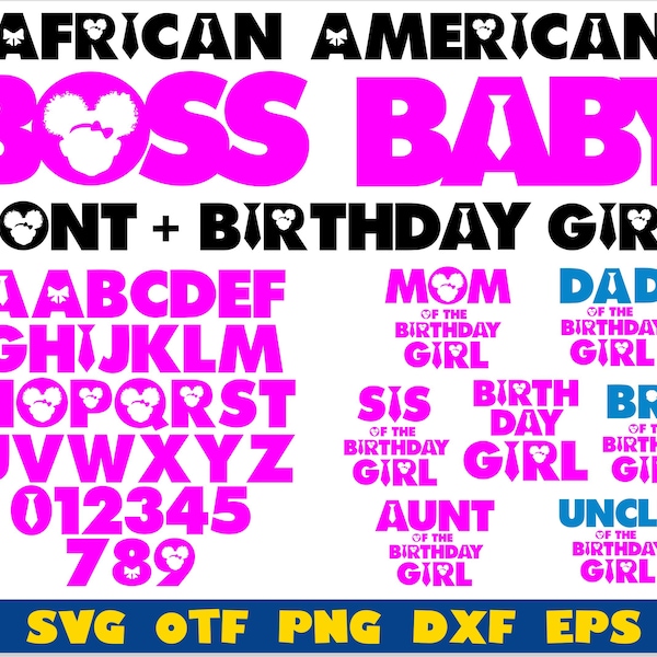 African American Baby Girl Bundle | Boss Girl Font + Boss Baby Birthday Girl | Baby font svg, Boss Baby Girl font svg, Girl Birthday svg