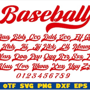May include: Red baseball font alphabet with uppercase letters and numbers 0-9. The word "Baseball" is at the top of the image in a large, stylized font. The letters and numbers are in a cursive style. The text "OTF SVG PNG DXF EPS" is at the bottom of the image.