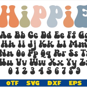 May include: A retro font alphabet in black with a groovy, psychedelic style. The letters are in a bubble-like shape. The word "HIPPIE" is written in colorful bubble letters at the top of the image.