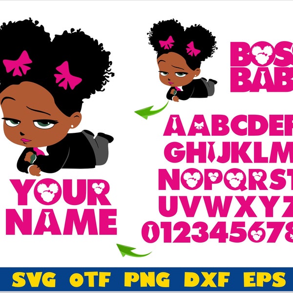 African American Boss Baby Girl + Boss Baby Girl Font + Logo | boss baby girl png, afro boss baby girl svg, afro boss baby girl font svg otf