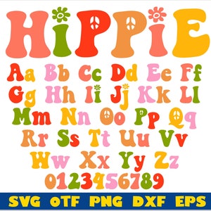 May include: A colorful alphabet and numbers in a retro 1970s style with peace signs and flowers. The word "HIPPIE" is at the top of the image.