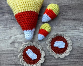 Crochet Candy Corn Toy & Pumpkin Pie Coasters - Fall, Halloween Decor Handmade