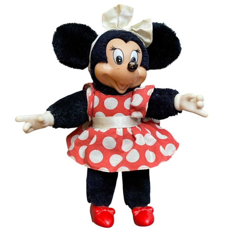 Vintage 1981 Applause Minnie Mouse Plush Doll Vinyl Face Red Polka Dot Dress VTG image 1