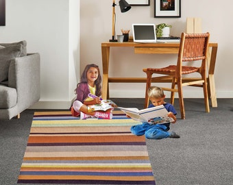 WOOLTEX Handmade 100% Wool Felt Rug of Multicolor Brown, Beige, Grey, Pink, Yellow Stripes & Hand Stitched Together to Both Sided Usable Rug