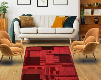 WOOLTEX Handmade 100% Wool Felt Rug of Multi color Orange - Brown Multi Sizes Blocks Stitched with Matched Border to a Both Sided Usable Rug