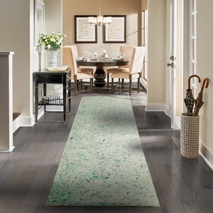 WOOLTEX Wholly Handmade 100% Wool Felt Runner of Scattered Grey, Blue, Green Hand Felted Dots on White Both Sided Usable Thin Runner Rug.