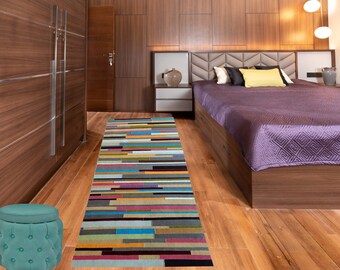 WOOLTEX Handmade Wool Felt Rug of Multicolor Small & Large Stripes Hand Stitched in Both Sided Mosaic Surface of the Wool Felt Runner Rug