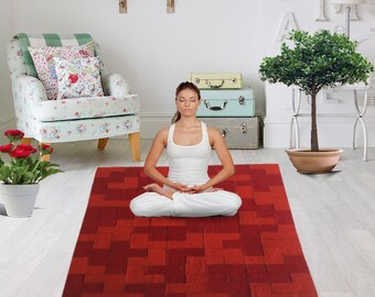 WOOLTEX Handmade 100% Wool Felt Rug of Multicolor Red-Orange Felted Blocks Hand Stitched in a Mosaic Pattern to a Both Sided Usable Felt Rug
