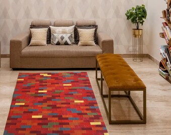 WOOLTEX Handmade 100% Wool Felt Rug of Red, Green, Yellow, Brown, Orange Brick Shaped Felted Stripes Stitched for Both Sided Use