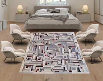 WOOLTEX Handmade 100% Wool Felt Rug of White, Grey, Violet, Brown Wool Felt Stripes Stitched with White - Grey Border to a Both Sided Rug