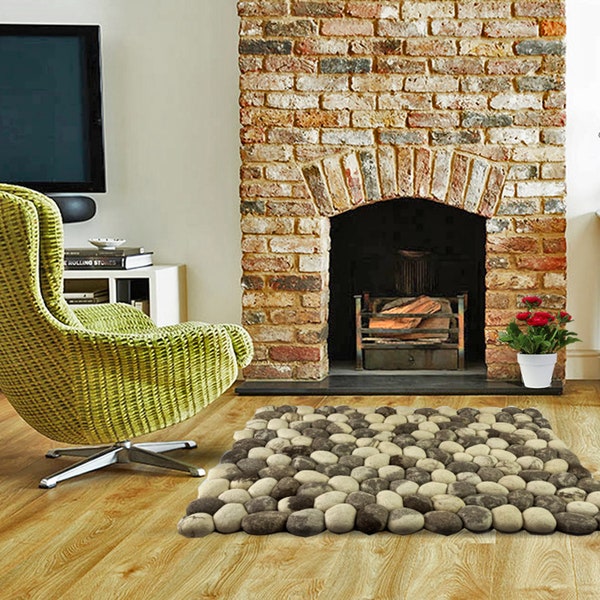 WOOLTEX Handgemachter 100% Wollfilz Rechteck Kies Teppich Perfekt für Wohnzimmer Teppich, Schlafzimmer Teppich, Dekor Bodenmatte (Made in India Pom Pom Rug)