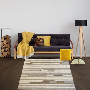 WOOLTEX Handmade 100% Wool Felt Rug of Multi-color Stripes of Light Brown, Grey, Off White & Hand Stitched Together to Both Sided Usable Rug