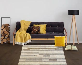 WOOLTEX Handmade 100% Wool Felt Rug  of Light Brown, Grey, Off White Stripes Hand Stitched Together to Both Side Usable Surface
