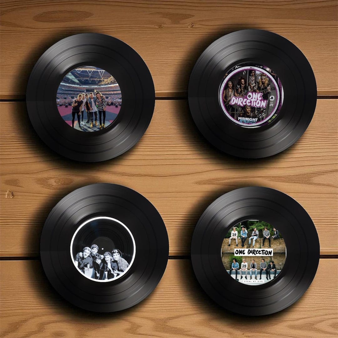 One Direction Round Set of 4 One Direction Round Record Coasters Retro Decor, Man Cave ...