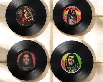 Set of 4 Round Record Coasters Featuring Bob Marley, Bob Marley, Record Coasters, Record Lover Gift, Gift For Musician, Unique Coasters