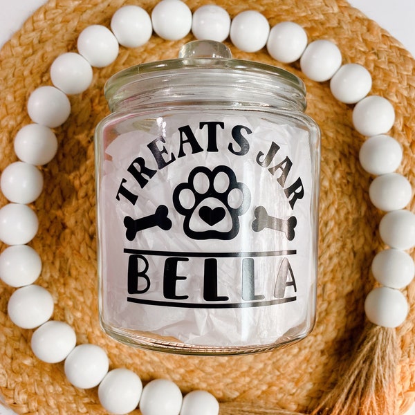 Custom pet name treat jar - 34oz clear treat jar- dog treats- personalized treat jar- glass jar with lid