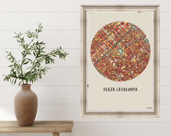 Plaza Catalunya Barcelona Spain| Christmas Gift | Colorful Digital City Maps | Printable Wall Art | Home Decor | Iconic | Instant Download