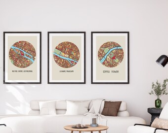 Set of 3 Paris Prints City Maps Eiffel Tower, Louvre Museum, Notre-Dame Cathedral France | Colorful Wall Art | Printable | Instant Download