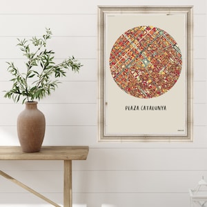 Plaza Cataluña, Barcelona, España/Regalo de Navidad/Mapas digitales coloridos de la ciudad/Arte mural imprimible/Decoración del hogar/Icónico/Descarga instantánea
