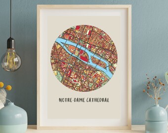Notre-Dame Cathedral Paris France| Christmas Gift | Colorful Digital City Maps | Printable Wall Art | Home Decor | Iconic | Instant Download