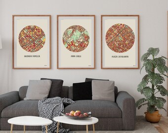 Set of 3 Barcelona Prints City Maps Sagrada Familia, Park Guell, Plaza Catalunya, Spain | Christmas Gift | Printable | Instant Downlod