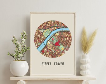 Eiffel Tower Paris France | Christmas Gift | Colorful Digital City Maps | Printable Wall Art | Home Decor | Iconic Places | Instant Download