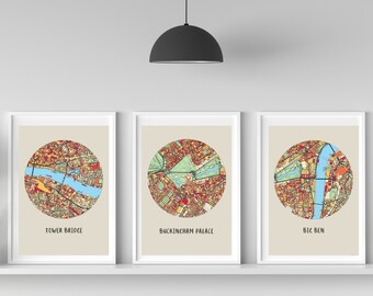 Set of 3 London Prints City Maps Big Ben, Buckingham Palace, Tower Bridge England UK | Colorful Wall Art | Printable | Instant Download