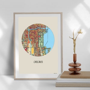 Mapa de la ciudad de Chicago / Regalo de Navidad / Mapas digitales coloridos de la ciudad / Arte mural imprimible / Decoración del hogar / Lugares icónicos / Descarga instantánea