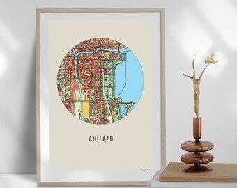 Chicago City Map | Christmas Gift | Colorful Digital City Maps | Printable Wall Art | Home Decor | Iconic Places | Instant Download