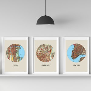 Set von 3 Los Angeles, Chicago, New York Vereinigte Staaten Drucke Stadt Karten | Bunte Wandkunst | Druckbar | Sofort Download