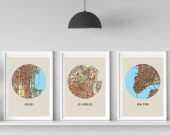 Set of 3 Los Angeles, Chicago, New York United States Prints City Maps | Colorful Wall Art | Printable | Instant Download