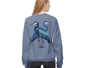 May include: A blue sweatshirt with a graphic of two blue herons facing opposite directions on the back.