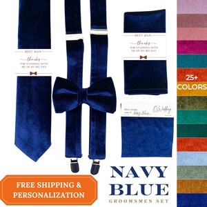 Navy Blue Velvet Groomsmen Set: Wedding Suspenders, Bow Tie, Necktie