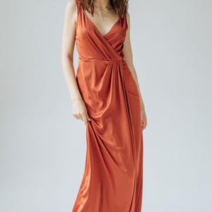 Burnt Orange Silk Satin Dress – Sleeveless Wrap Maxi Bridesmaid Gown, Custom Mother of the Bride & Boho Formal Dress