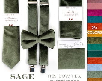 Dusty Sage Green Velvet Groomsmen Necktie Set Dusty Sage Velvet Suspenders Sage Green Bow Tie Dusty Sage Velvet Kids Tie Bow tie Suspenders
