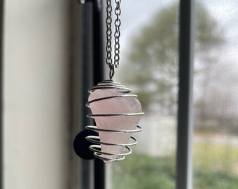 Rose Quartz Necklace with Spiral Crystal Cage
