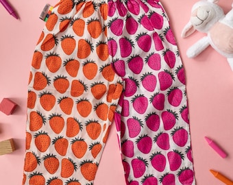 Handmade Kids Cotton Trousers | Strawberry Print Pull-On Pants | Colour Block Children’s Trousers | Elastic Waist | Machine Washable
