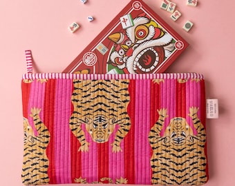 Handmade Mahjong Tile Bag | Pink Tiger Print Mahjong Pouch | Zippered Mahjong Accessories Case