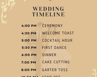 Wedding itinerary timeline, wedding day itinerary, downloadable wedding program modern, weds program,