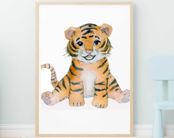 Stampa dell'asilo nido della tigre del bambino, arte della parete dell'acquerello, decorazione della parete del bambino dell'animale