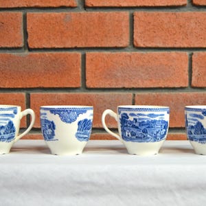 Set of 4 Vintage Johnson Brothers Blue & White Countryside Scene Mugs – Made in England