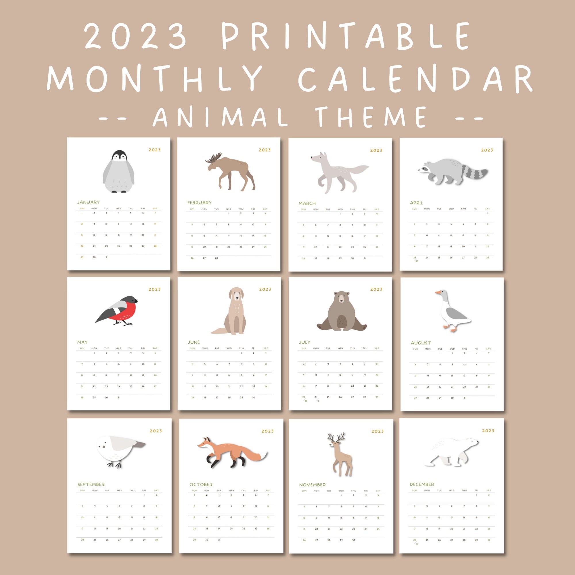 Printable Animal Calendar 2023 2023 Calendar Monthly Etsy printable-animal-calendar-2023-2023-calendar-monthly-etsy