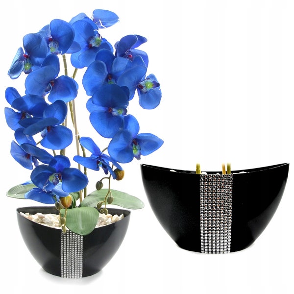 Orquídea orquídea artificial Phalaenopsis composición flor maceta barco decoración negra flores para casa sala de estar en ventana diamantes de imitación azul