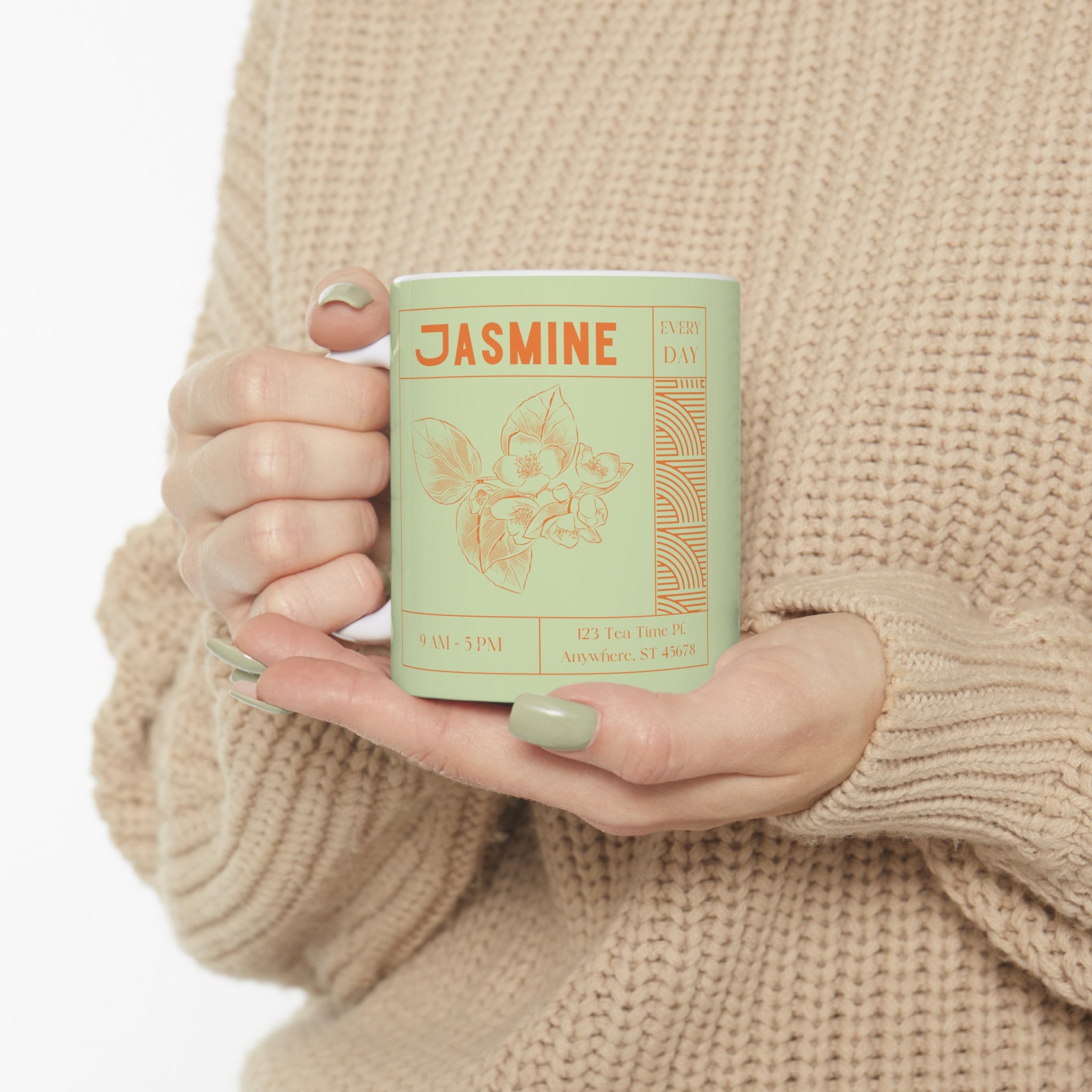 TeaCup Jasmine Ceramic Mug 11oz | Tea Lover Gift | Mint Green and Orange | Aesthetic